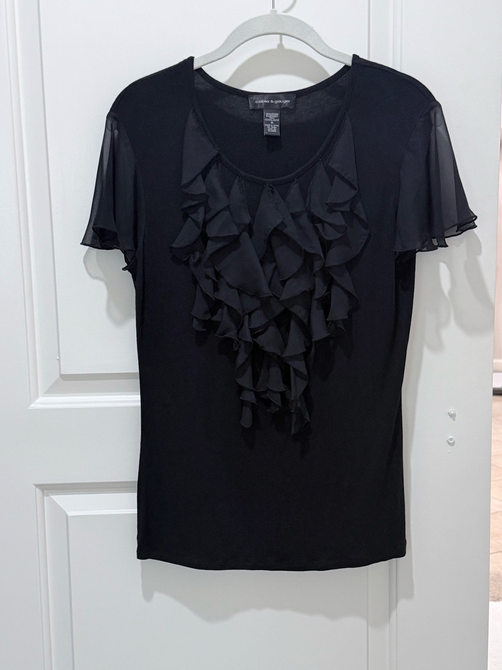 Cable & Gauge Black Ruffle Front Short Sleeve Blouse
